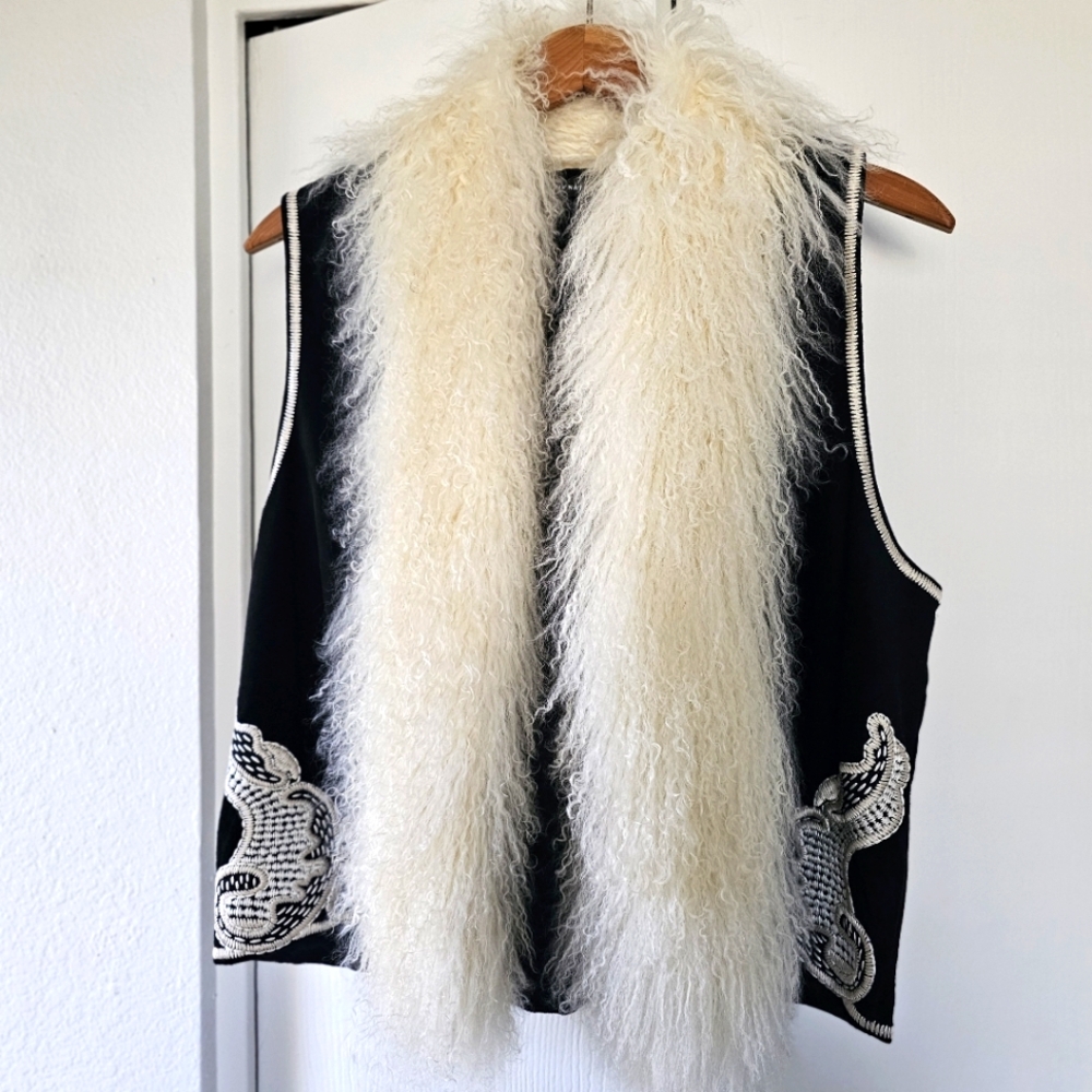 JOSIE NATORI Mongolian Fur Trim Suede Embroidered Silk Vest
